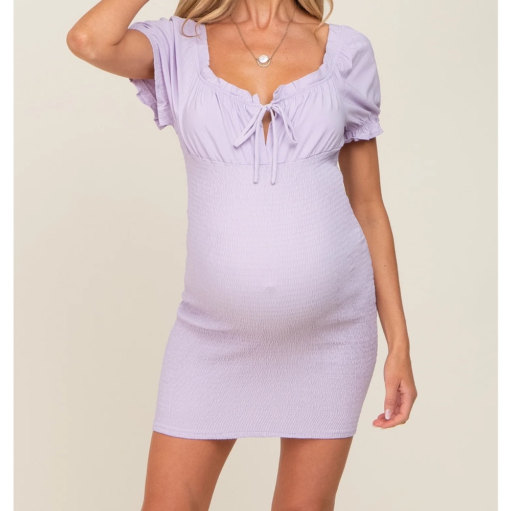 Lavender Off-Shoulder Smocked Front Tie Fitted Maternity Dress
